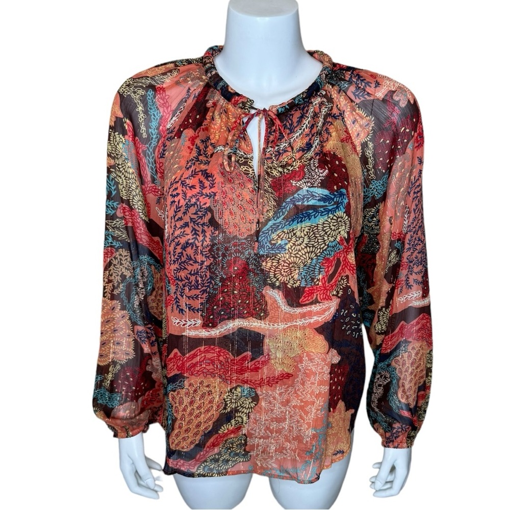 Joie Boho Peasant Top Blouse S Tue Neck Balloon Sleeve Orange Brown